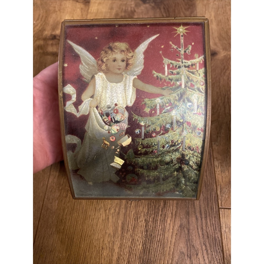 Via Vermont Foil Angel Tree Jewelry Trinket Box Art Brass Stained Glass Mirrored